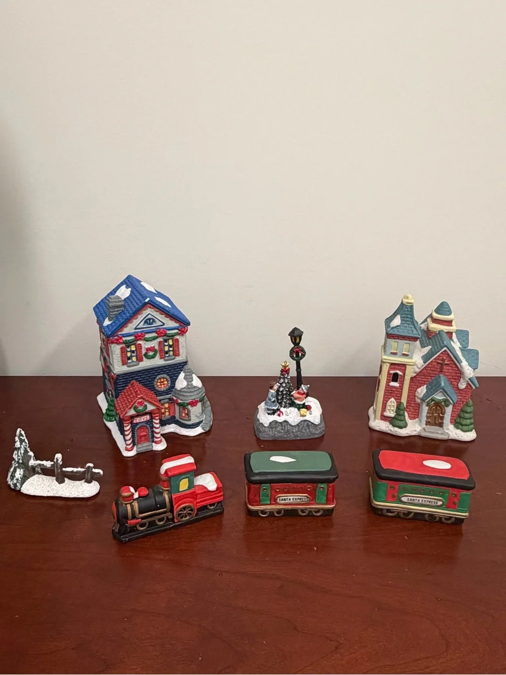 Holiday Village Train and Decorative Houses - Red, Green, Blue
